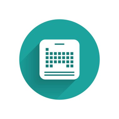 Öge simgesinin beyaz periyodik tablosu uzun gölgeli izole edilmiş. Yeşil daire düğmesi. Vektör.