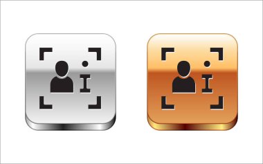 Siyah Televizyon raporu simgesi beyaz arkaplanda izole edildi. Televizyon haberleri. Gümüş ve altın kare düğmeler. Vektör.