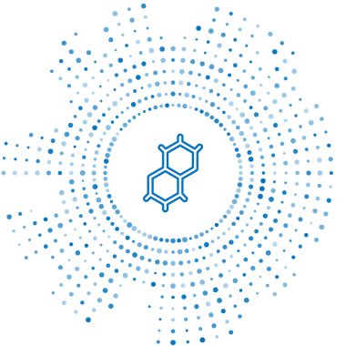 Mavi çizgi kimyasal formül simgesi beyaz arkaplanda izole edildi. Yenilikçi tıp, sağlık, araştırma ve bilim için soyut altıgen. Soyut çember rastgele noktalar. Vektör.