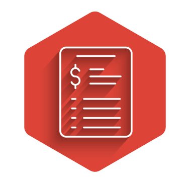 Beyaz çizgi Bakım Salonu fiyat listesi simgesi uzun gölgeli izole edilmiş. Kırmızı altıgen düğmesi. Vektör.