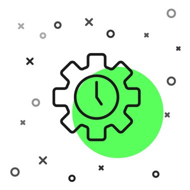 Siyah çizgi Zaman Yönetimi simgesi beyaz arkaplanda izole edildi. Saat ve vites tabelası. Üretkenlik sembolü. Vektör.