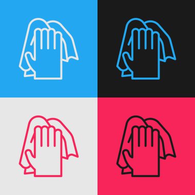Pop Art Line Temizlik servisi simgesi renk arkaplanında izole edildi. Lateks el koruması işareti. Ev işi temizlik ekipmanları sembolü. Vektör.