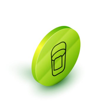 Isometric line Bucket with rag icon isolated on white background. Cleaning service concept. Green circle button. Vector.