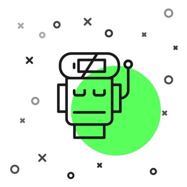 Siyah çizgi Robot düşük akü şarj ikonu beyaz arkaplanda izole edildi. Yapay zeka, makine öğrenme, bulut hesaplama. Vektör.