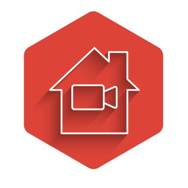 Beyaz çizgi video kamera, uzun gölgeli izole edilmiş ev simgesinde kapalı. Video yok. Kırmızı altıgen düğmesi. Vektör.