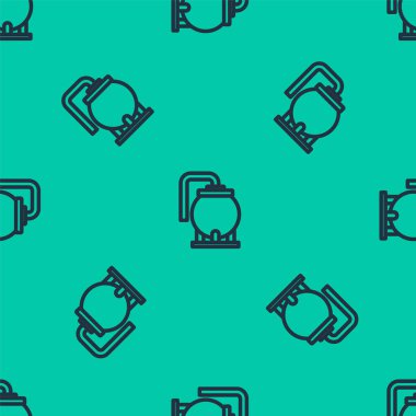 Mavi çizgi petrol tankı depolama ikonu yeşil arka planda izole edilmiş pürüzsüz desen. Petrol ve gaz endüstrisi için gemi deposu. Petrol tankı teknoloji istasyonu. Vektör.