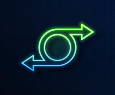 Parlayan neon çizgi ok simgesi mavi arkaplanda izole edildi. Yön Arrowhead sembolü. Navigasyon işaretçisi işareti. Vektör.