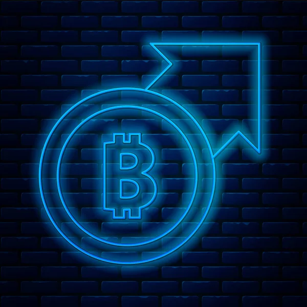 Glowing Neon Line Financial Growth Bitcoin Coin Icon Isolated Brick — Stock vektor