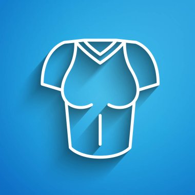 Mavi arkaplanda beyaz çizgi tişört simgesi izole edildi. Uzun gölge. Vektör.