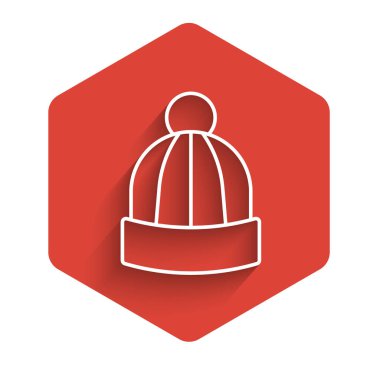 Beyaz çizgi kış şapkası simgesi uzun gölge arkaplan izole. Kırmızı altıgen düğmesi. Vektör.