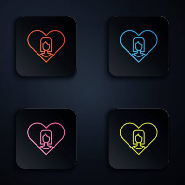 Color neon line Heart with female icon isolated on black background. Venus symbol. The symbol for a female organism or woman. Set icons in square buttons. Vector.