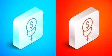 Isometric line Feminism finance icon isolated on blue and red background. Fight for freedom, independence, equality. Silver square button. Vector.