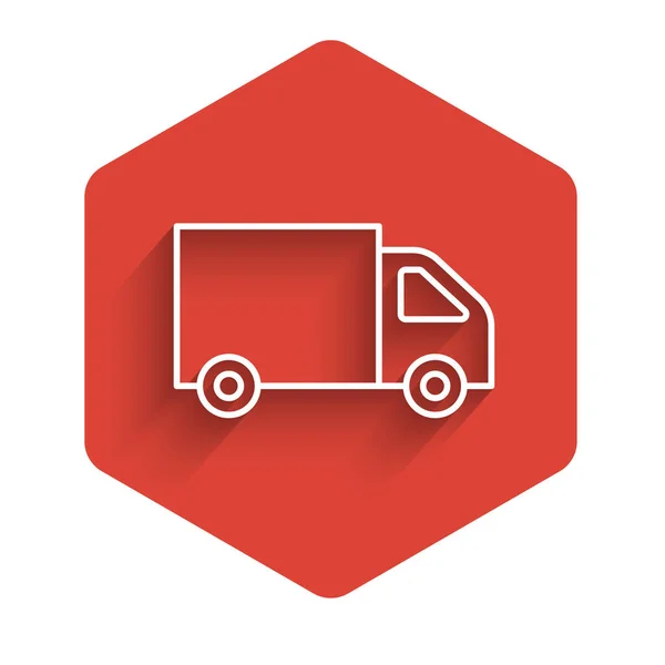 White Line Delivery Cargo Truck Vehicle Icon Isolated Long Shadow — Vector de stock