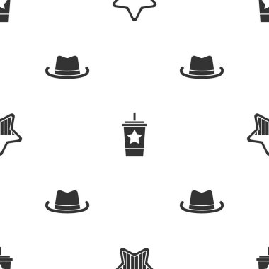 ABD 'nin Bağımsızlık Günü' nü ayarlayın. Saman ve batılı kovboy şapkalı kağıt camlar kusursuz desenli. Vektör.