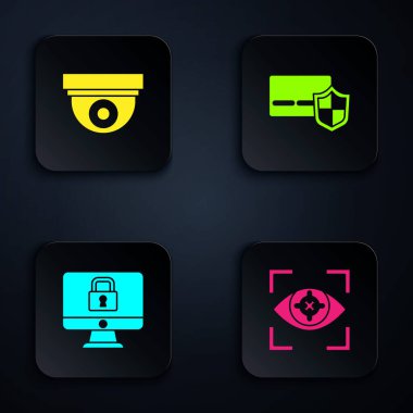 Set Eye scan, Security camera, Lock on monitor and Credit card with shield. Black square button. Vector.
