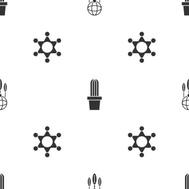 Tüylü Rüya Avcısı 'nı, çömlekte kaktüs peyotasını ve kusursuz şerifi ayarla. Vektör.