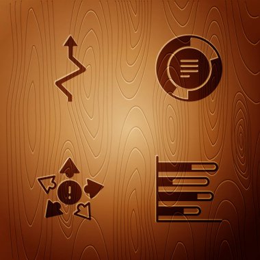 Pie grafik bilgisini, Arrow 'u, birçok yönlü oku ve ahşap arkaplanı ayarla. Vektör.