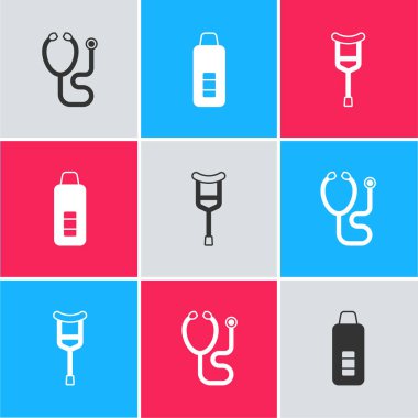 Stetoskop Dijital termometre ve koltuk değneği simgesini ayarla. Vektör.