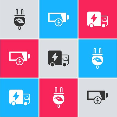 Elektrik tasarruf prizini düşük pil ve kamyon simgesine ayarla. Vektör.