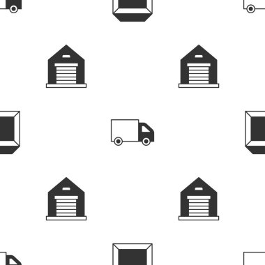 Karton karton karton kargo kamyonu ve Depo 'yu pürüzsüz bir kalıba sokun. Vektör.