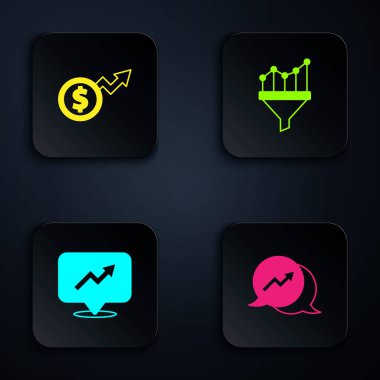 Finansal büyüme dolarını ve satış hunisini grafikle ayarla. Siyah kare düğme. Vektör.