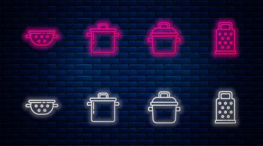 Set line Cooking pot, , Kitchen colander and Grater. Glowing neon icon on brick wall. Vector.