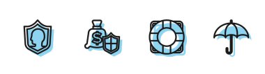 Lifebuoy hattı, kalkan sigortası, Para ve Şemsiye ikonu. Vektör.