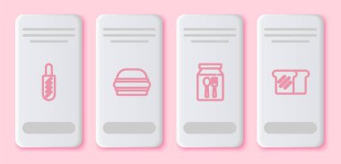 Hotdog sandviçi, Burger, online sipariş teslimatı ve kızarmış ekmek. Beyaz dikdörtgen düğme. Vektör.