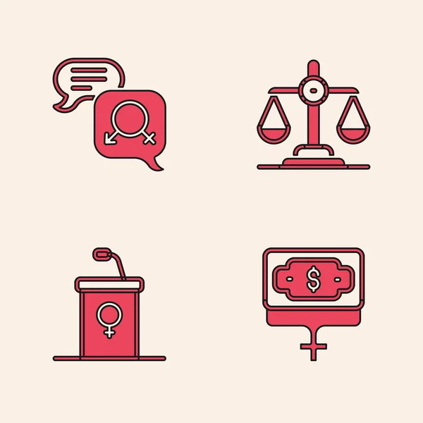 Set Money Growth Woman Gender Equality Debate Podium Rostrum Icon — Image vectorielle