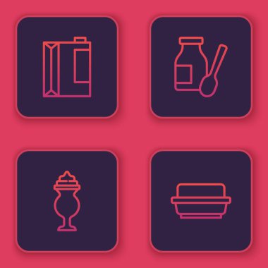 Kefir, Milkshake, şişede yoğurt ve tereyağı tabağı için kağıt paketleri hazırla. Mavi kare düğme. Vektör.