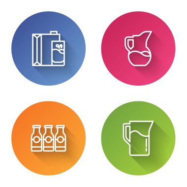 Süt için kağıt paketi, sürahi sürahisi, şişeyle şişe ve... Renkli daire düğmesi. Vektör.