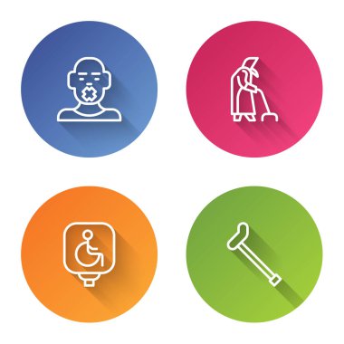 Set line Head of deaf and dumb, Grandmother, Disabled wheelchair and Walking stick cane. Color circle button. Vector.