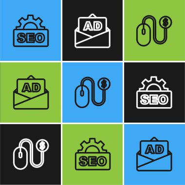 Satır SEO optimizasyonunu, reklamcılığı ve simgeyi ayarla. Vektör.