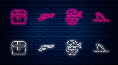 Klasik tabanca, korsan kaptan, antika hazine sandığı ve köpekbalığı yüzgeci okyanus dalgası. Tuğla duvarda parlayan neon simgesi. Vektör.