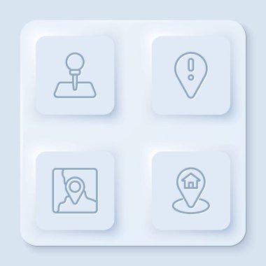 Satır itme pimi, ünlem işaretli konum, katlanmış harita konum işareti ve ev. Beyaz kare düğme. Vektör.