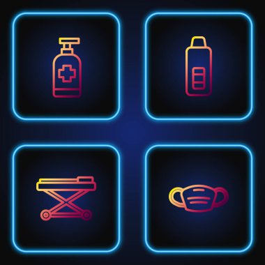 Tıbbi koruyucu maske gerici antibakteriyel sabun ve dijital termometreyi ayarla. Renk simgeleri. Vektör.