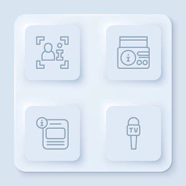 Hat TV haber kanalı Bilgilendirme ve Mikrofon 'u kurun. Beyaz kare düğme. Vektör.