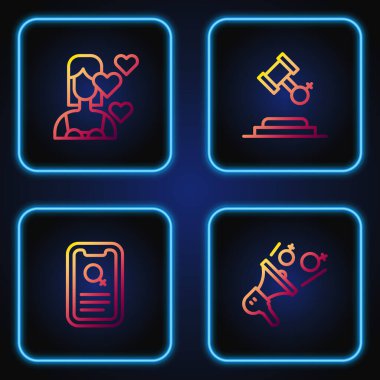 Set line Feminist activist Dating app Love yourself and Female rights. Gradient color icons. Vector.