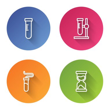 Test tüpünü standa ve eski kum saatine ayarla. Renkli daire düğmesi. Vektör.