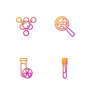 Test tüpünü zehirli sıvı molekül ve mikroorganizmalarla büyüteç altında ayarla. Renk simgeleri. Vektör.