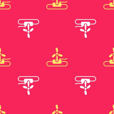 Sarı Rüzgar türbini simgesi, kırmızı arkaplanda izole edilmiş, pürüzsüz desen. Rüzgar jeneratörü işareti. Elektrik üretimi için yel değirmeni. Vektör.