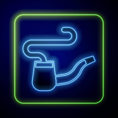 Mavi arka planda izole edilmiş duman simgesiyle parlayan neon sigara piposu. Tütün piposu. Vektör.