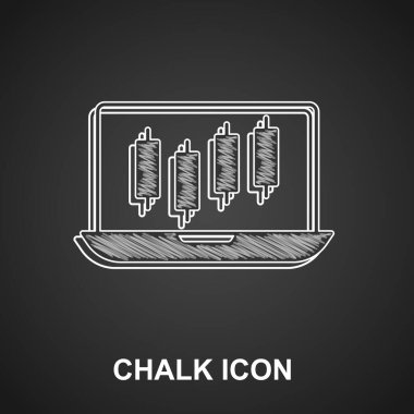 Borsa büyüme grafikleri ve kara arka planda izole para ikonu olan tebeşir dizüstü bilgisayarı. Ekranda ok grafikleri olan bir monitör. Vektör.