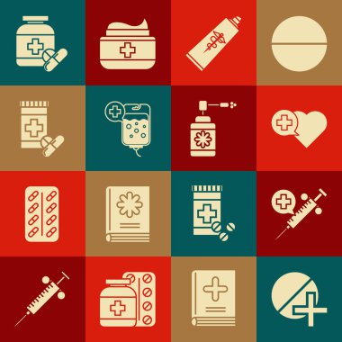 Set Medicine pill or tablet Medical syringe with needle Heart cross Ointment cream tube medicine IV bag bottle and pills and nozzle spray icon. Vector.