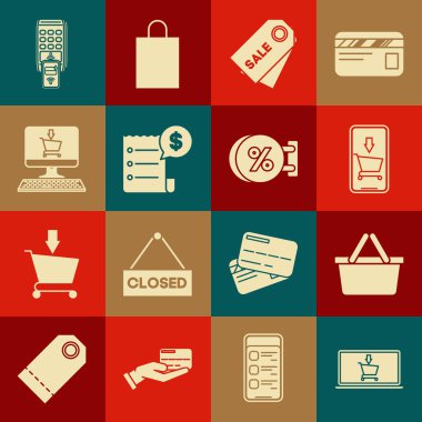 Alışveriş arabasını ekran bilgisayarına yerleştir. Kağıt kontrolü. Mali kontrol. POS terminali basılı alıcısı ödemeyi akıllı telefon ve Signboard indirimli yüzde ikon ile doğruladı. Vektör.