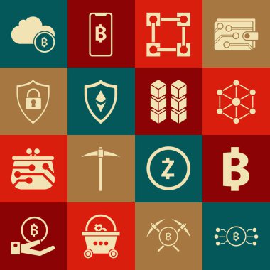 Kripto para birimi bitcoin 'i mikroçip devresi ile daire içine al Bitcoin engelleme teknolojisi Kalkan Ethereum ETH güvenlik bulut madenciliği ve simgesi. Vektör.