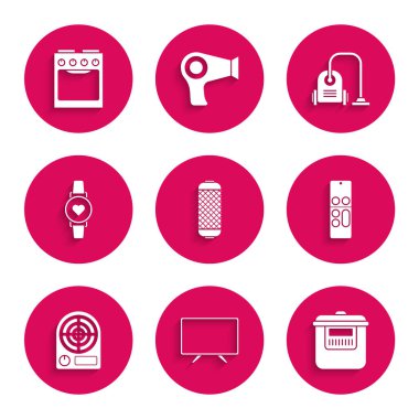 Ses hoparlörü Smart Tv Yavaş pişiren uzaktan kumandalı elektrikli ısıtıcı saatini kalp atış hızı vakum temizleyicisi ve fırın simgesini göstererek ayarla. Vektör.