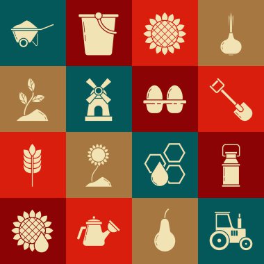 Traktör konteynırını süt kürek ayçiçeği yel değirmeni yel arabası ve yumurta kutusu ikonu için ayarla. Vektör.