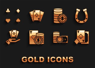 Set Casino chip and playing cards Horseshoe Playing with spades chips stacks money cash Hand holding deck of dollar and diamonds icon. Vector.