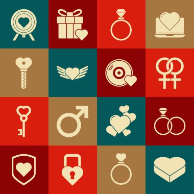 Candy 'yi kalp şeklinde bir kutuya yerleştirin. Alyanslar, kanatlı kadın cinsiyet sembolü Kalp, hedef dartların merkezi ve romantik müzik ikonu. Vektör.